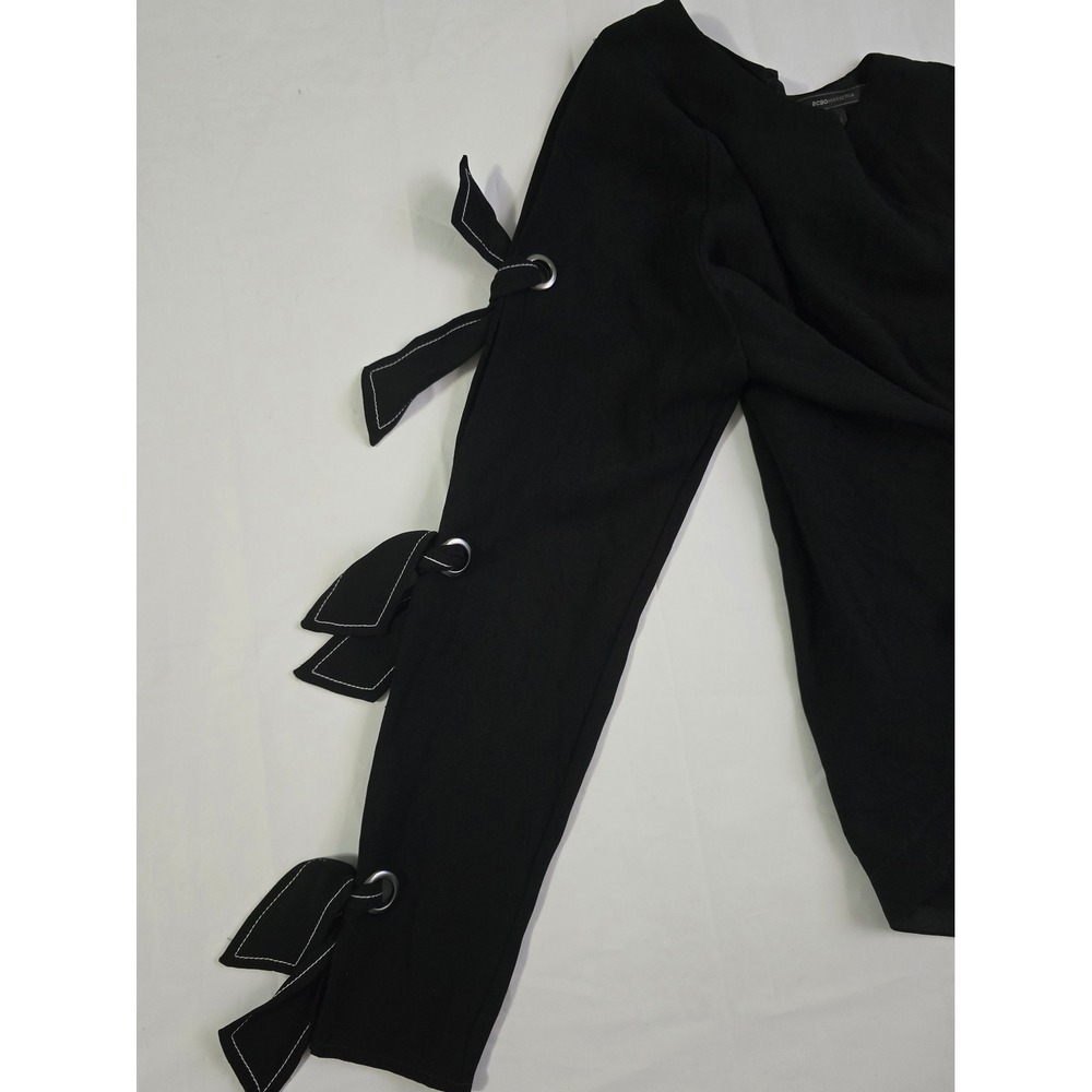 BCBGMAXAZRIA Black Grommet Tie Sleeve Blouse Crew Neck Top XS - Picture 8 of 16
